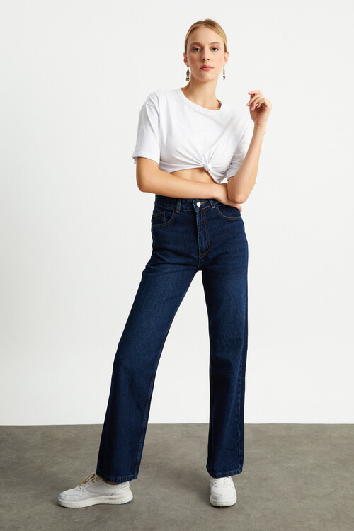 W1384 KOYU MAVİ YÜKSEK BEL WIDE LEG JEAN 