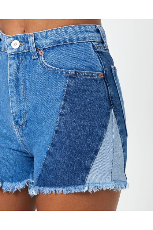 W1485 BLOK RENKLİ DENIM ŞORT