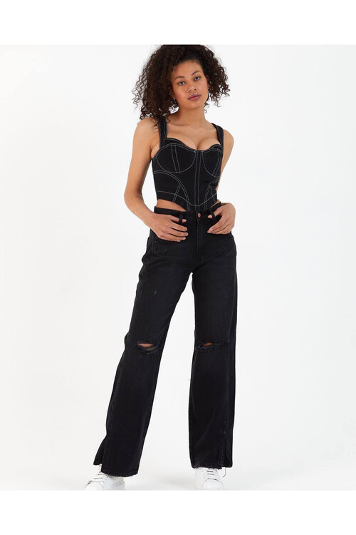 W1538 DİZİ YIRTIK WIDE LEG JEAN