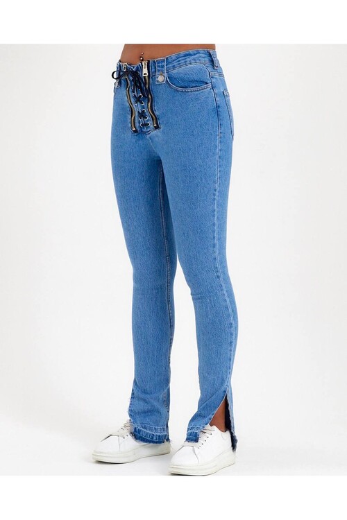 W1604 BAĞCIK VE FERMUARLI PAÇASI YIRTMAÇLI SKINNY JEAN