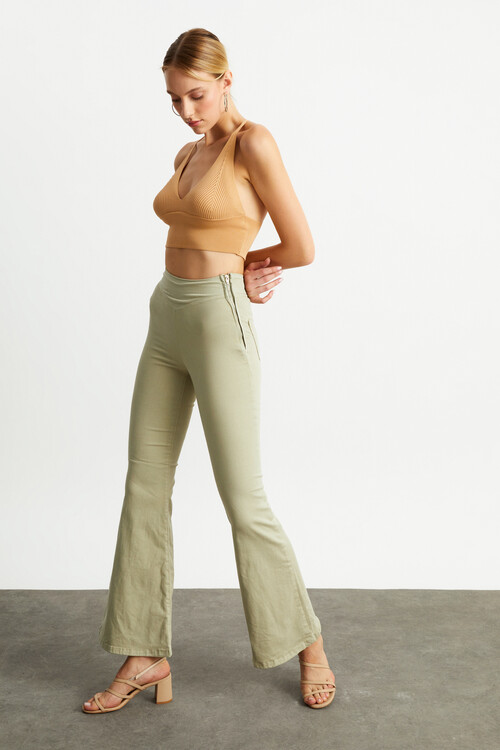 W1641 HAKİ YÜKSEK BEL İSPANYOL YANDAN FERMUARLI JEAN