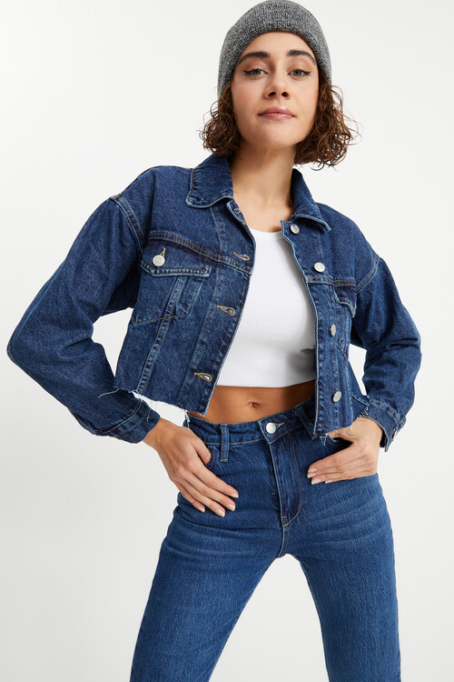 W1647 CROPPED KOYU MAVİ KOT CEKET