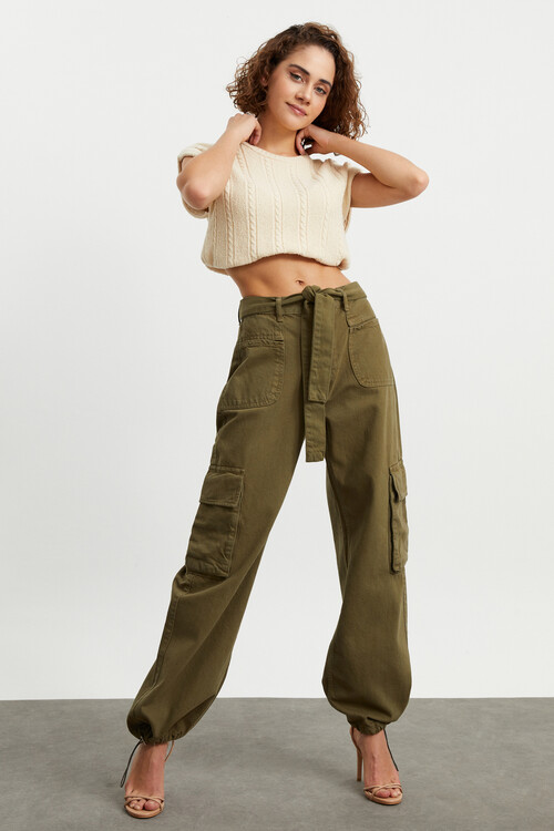 W1658 KEMERLİ PAÇASI LASTİKLİ KARGO PANTOLON 