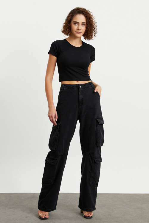 W1660 SİYAH DİZ DETAYLI KARGO PANTOLON 
