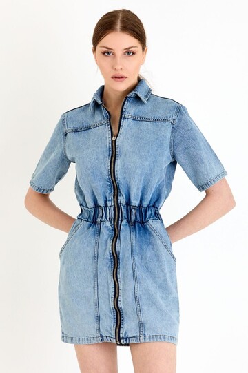 W1473 BUZ MAVİ FERMUARLI DENIM ELBİSE